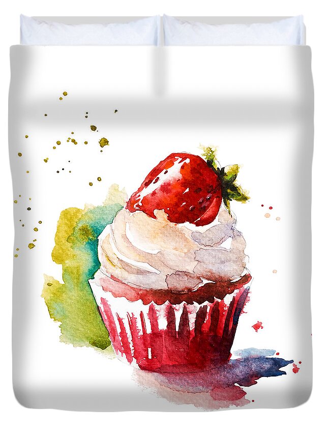 Watercolor Duvet Cover featuring the painting Strawberry Love Forever by Miki De Goodaboom
