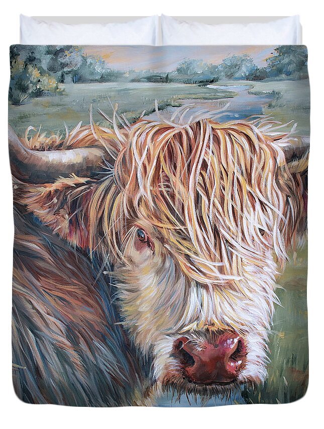 Cow Duvet Cover featuring the painting Stray Hair - Highland Cow Painting by Annie Troe