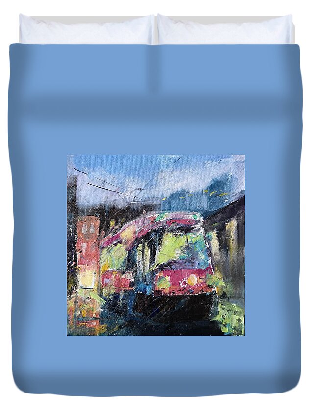 Streetcar Duvet Cover featuring the painting Streetcar 7pm by Sheila Romard