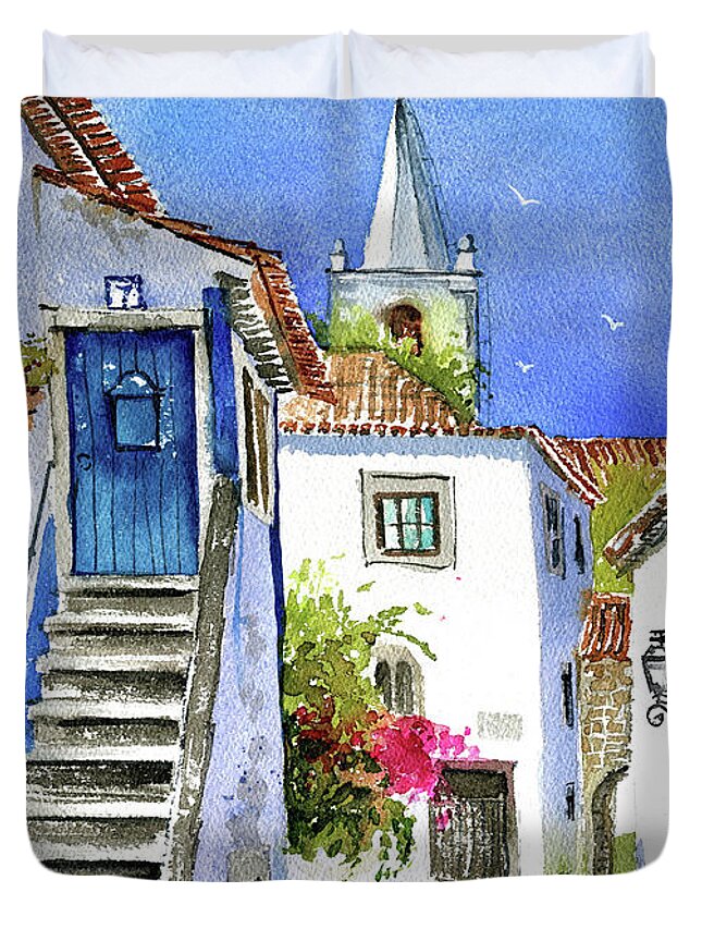 Portugal Duvet Cover featuring the painting Streets of Obidos - Portugal by Dora Hathazi Mendes