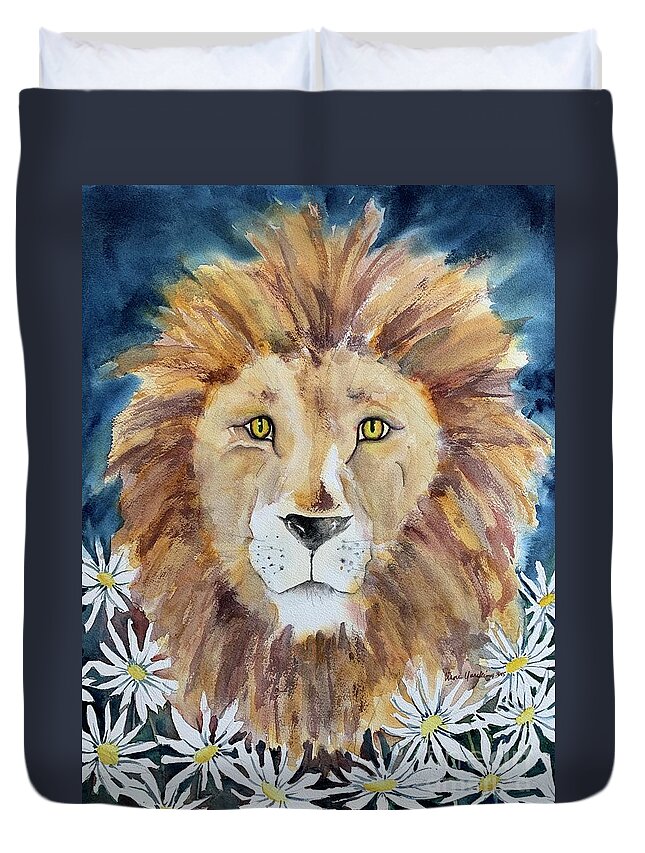 Lion Duvet Cover featuring the painting Strength by Liana Yarckin