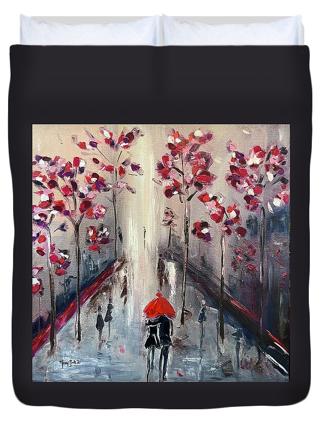 Paris Duvet Cover featuring the painting Strolling in Paris 2021 by Roxy Rich