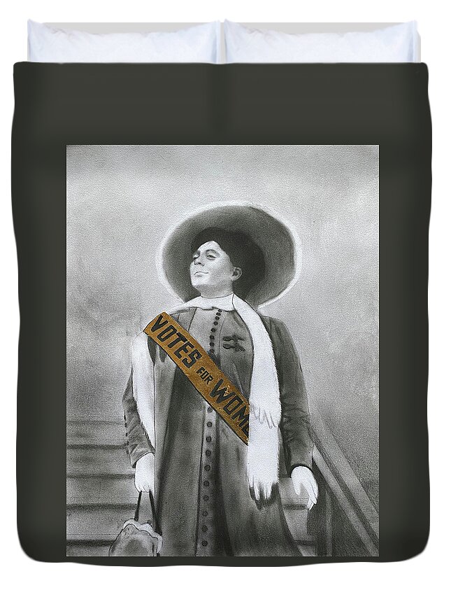 #charcoaldrawing #charcoalpencil #pencildrawing #suffragette #pencilsketch #drawingsketch #votesforwomen #suffrage #votesforwomen #womenart Duvet Cover featuring the drawing Suffragette by Nadija Armusik