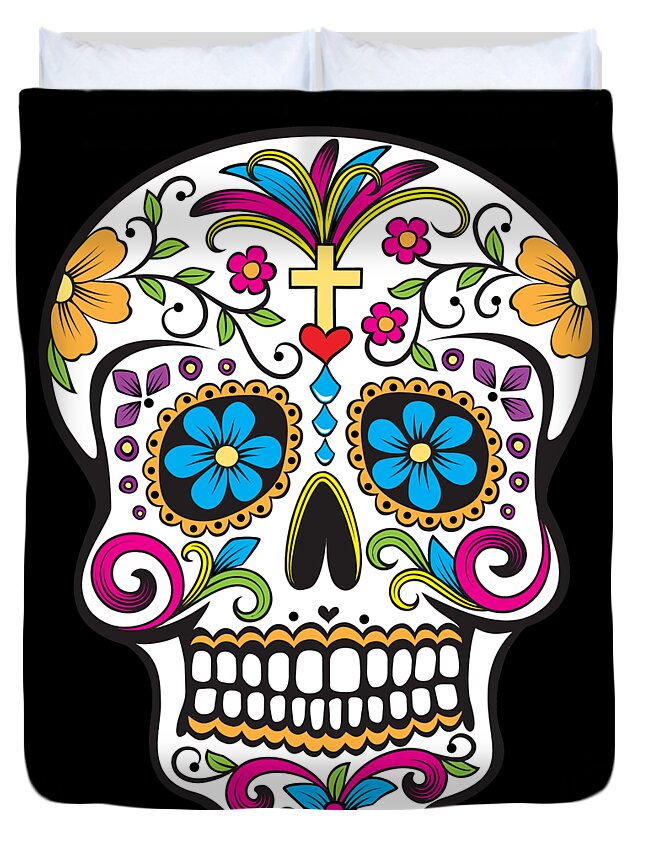 Halloween Duvet Cover featuring the digital art Sugar Skull Day of the Dead Dia De Los Muertos by Flippin Sweet Gear