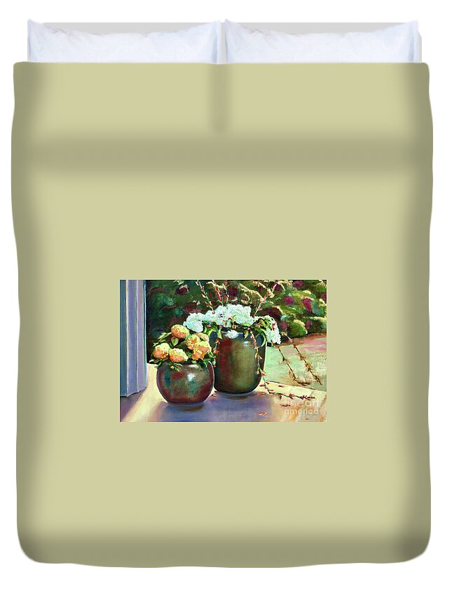 Pots Duvet Cover featuring the painting Summer garden by Lana Sylber