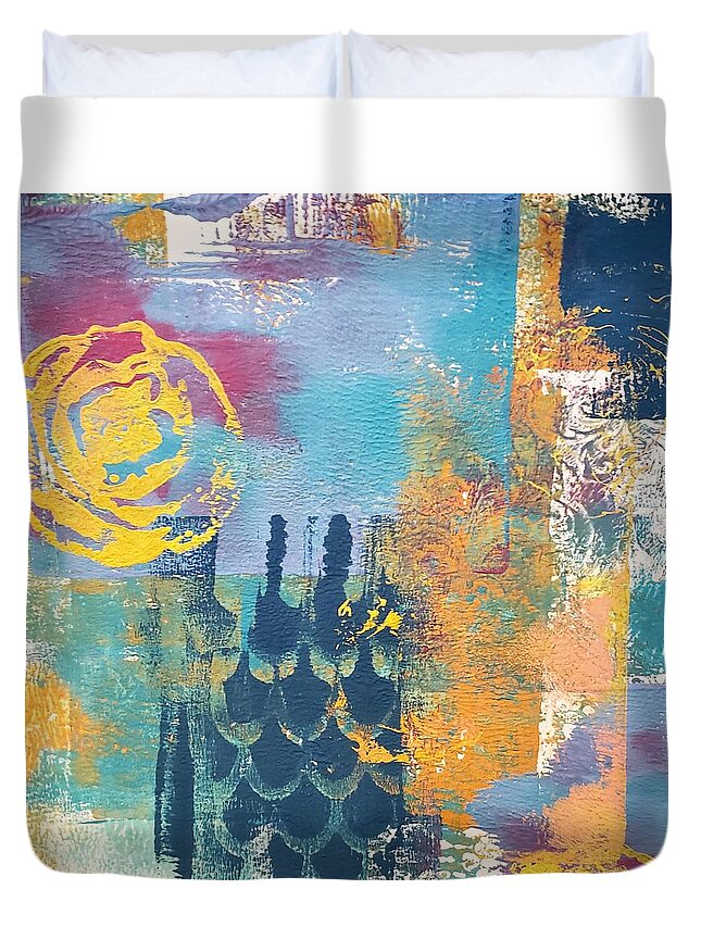 Summer Duvet Cover featuring the mixed media Summer Heat by the Ocean Abstract Mixed Media Painting Print Acrylic Navy Blue Yellow Green by Joanne Herrmann