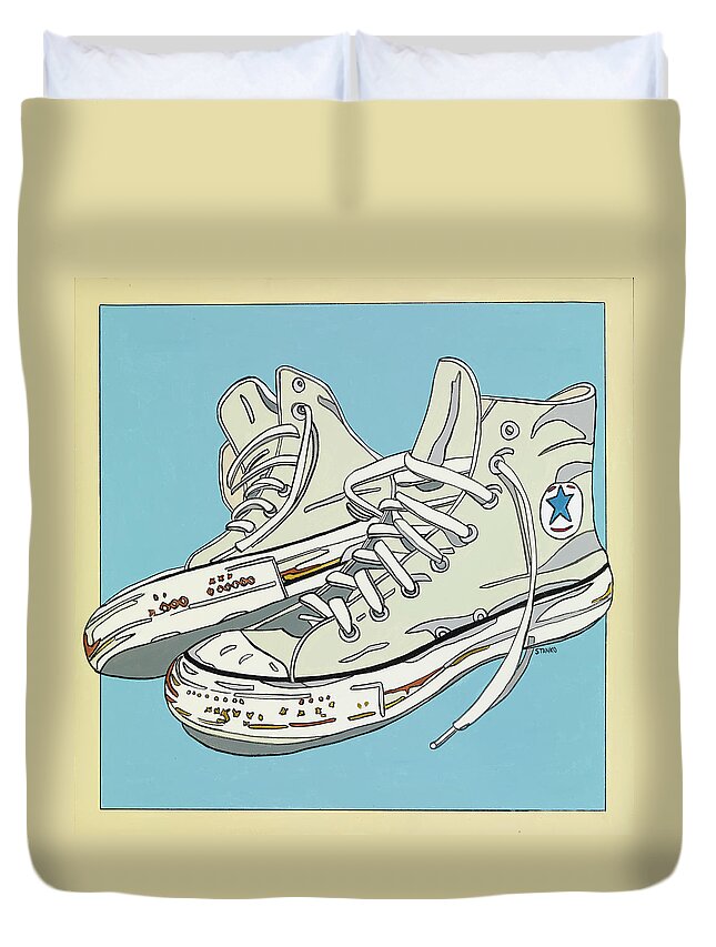 Sneakers High Tops Duvet Cover featuring the painting Summer Sneakers by Mike Stanko