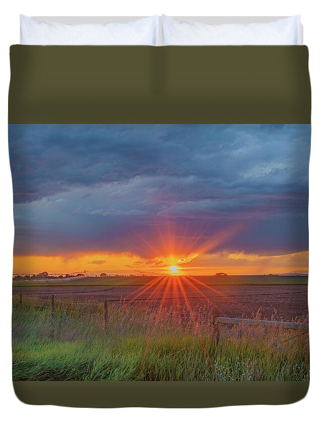 Sunset Duvet Cover featuring the photograph Summer Sunset on the Farm, Textured by Marcy Wielfaert