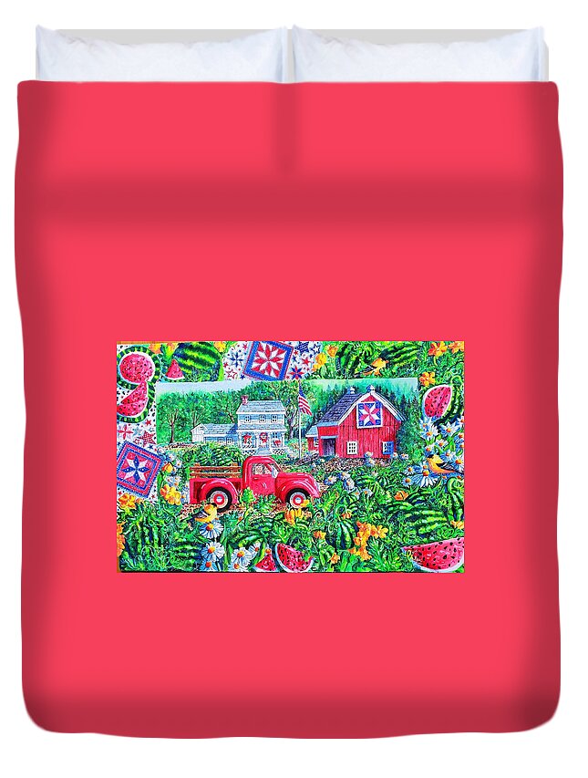 Red Truck Duvet Cover featuring the painting Summertime by Diane Phalen