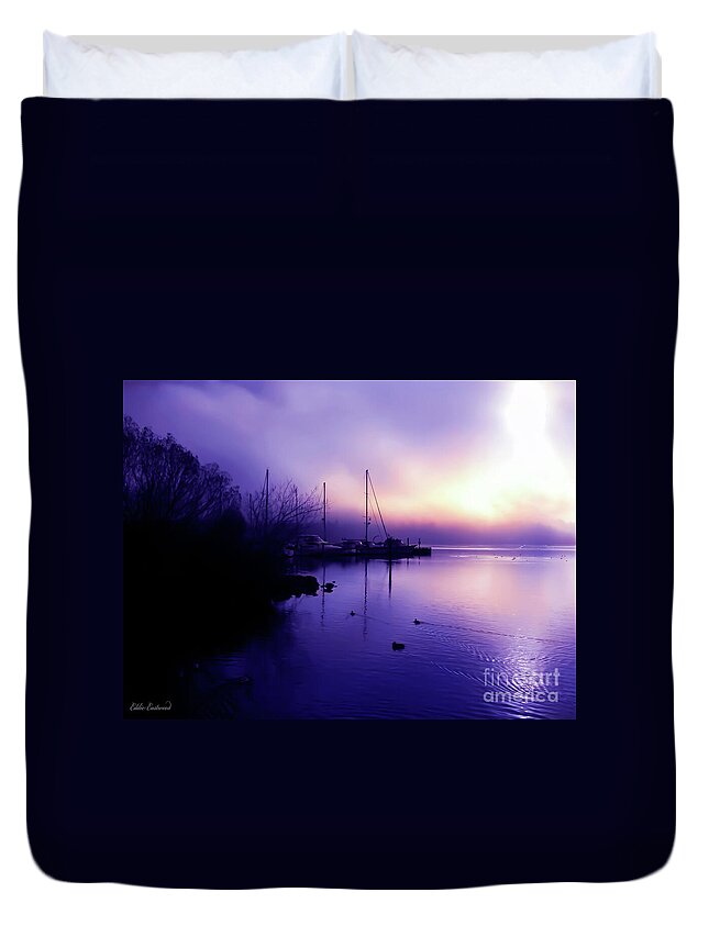 Tranquil Duvet Cover featuring the digital art Sun and fog at Log Boom Park in Kenmore Washington by Eddie Eastwood