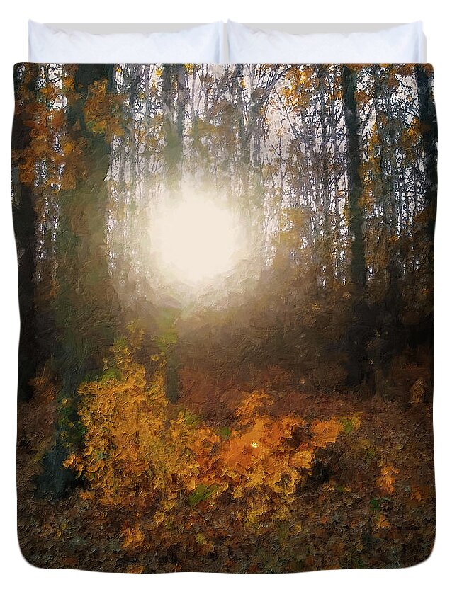Autumn Forest Duvet Cover featuring the mixed media Sun in the Autumn Forest by Alex Mir