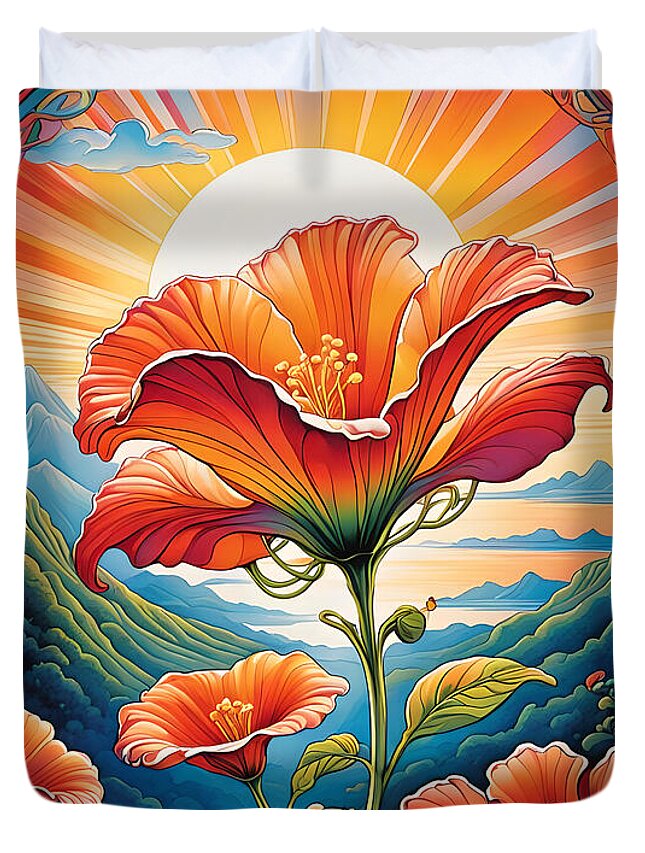 Vibrant Duvet Cover featuring the digital art Sun Ray Flower Pop Art by Greg Joens