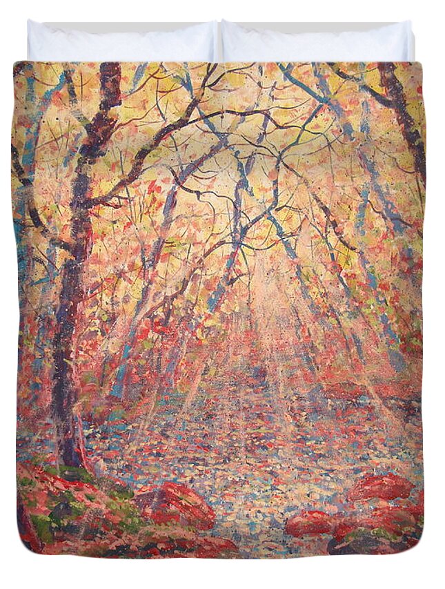 Painting Duvet Cover featuring the painting Sun Rays Through The Trees. by Leonard Holland
