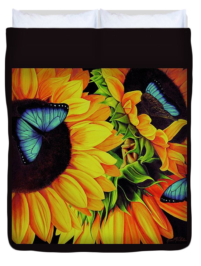 Kim Mcclinton Duvet Cover featuring the painting Blue Morpho Sunflower Dream by Kim McClinton