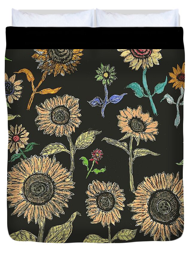 Sunflower Duvet Cover featuring the drawing Sunflower Fantasy by Branwen Drew