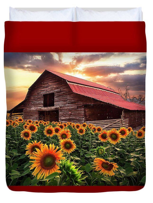 Barns Duvet Cover featuring the photograph Sunflower Farm at Dawn by Debra and Dave Vanderlaan