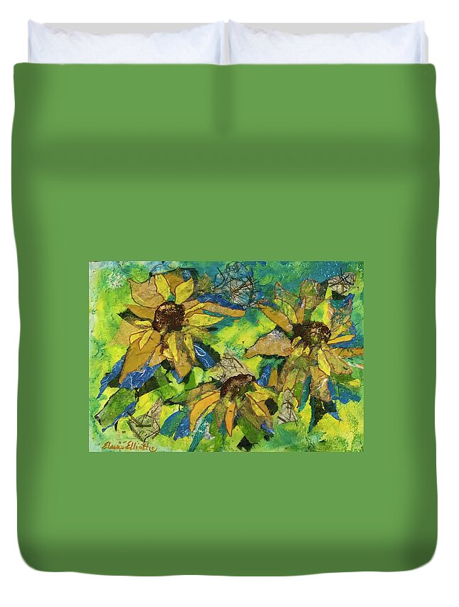 Sunflowers Duvet Cover featuring the painting Sunflowers by the Sea by Elaine Elliott