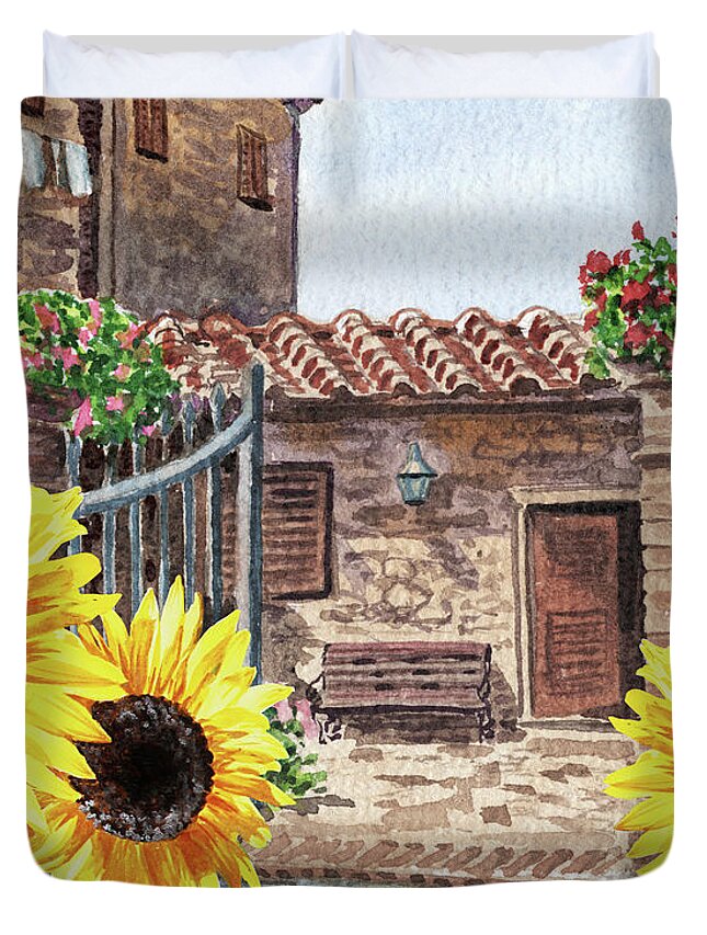 Sunflowers Duvet Cover featuring the painting Sunflowers Of Tuscany Italy Vintage Town House In The Hills Watercolor by Irina Sztukowski