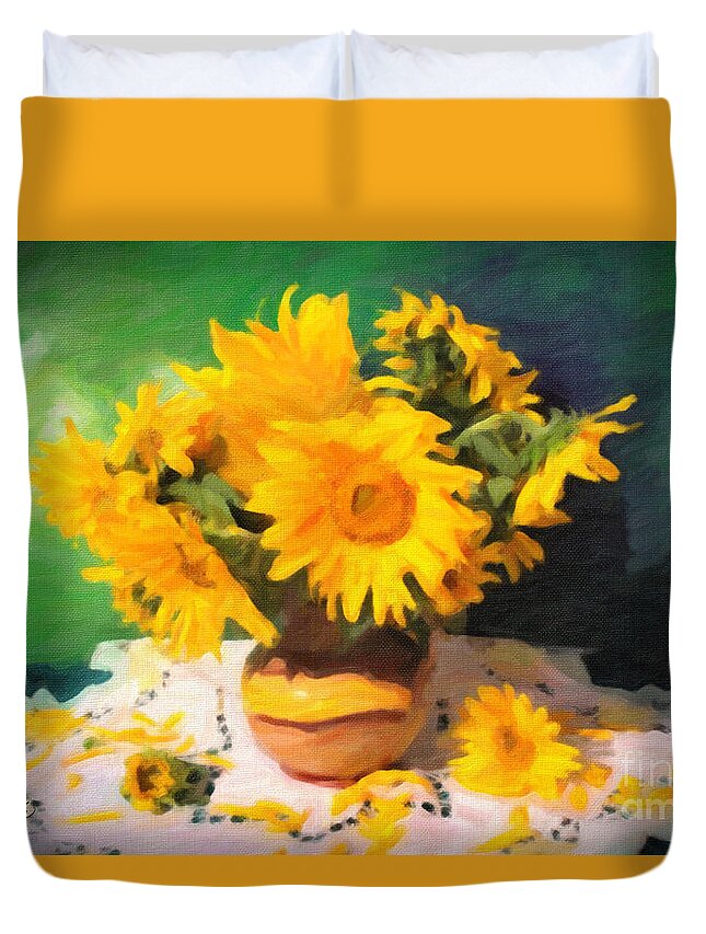 Sunflowers Duvet Cover featuring the painting Sunflowers Still Life Painting by Chris Armytage