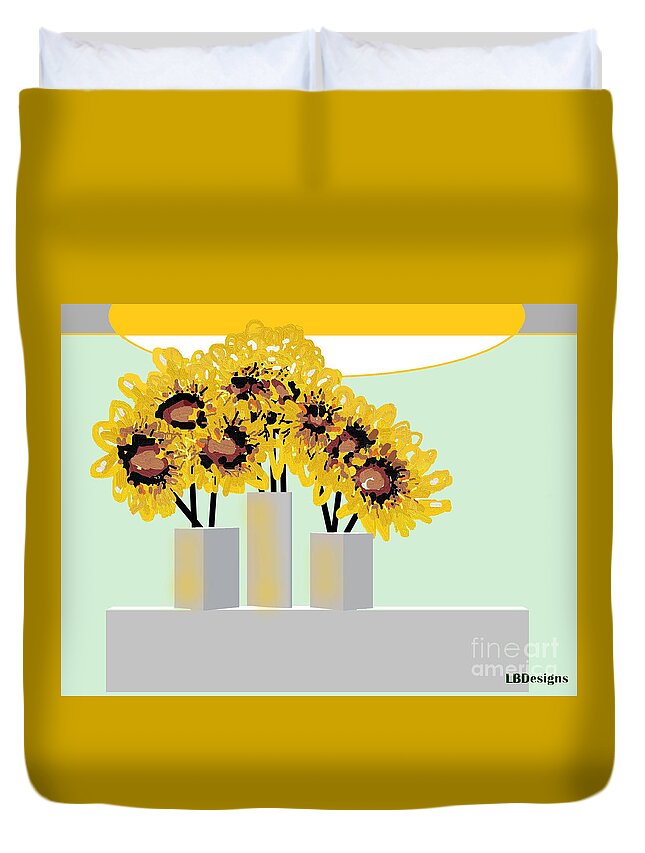 Florals Duvet Cover featuring the digital art Sunflowers, Table Vases Flowers Light II by LBDesigns