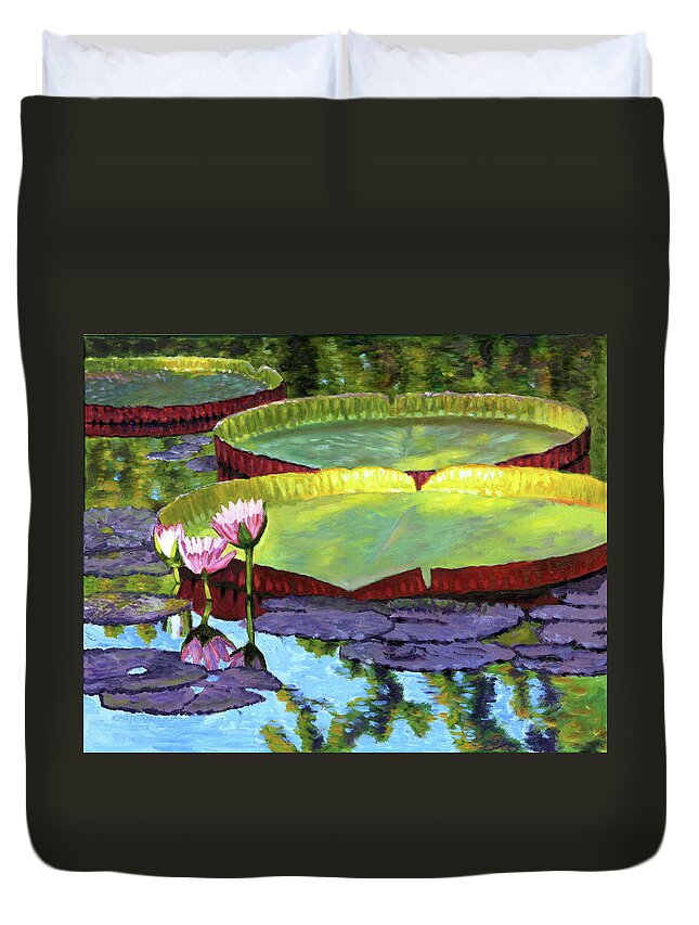 Water Lilies Duvet Cover featuring the painting Sunlight And Beauty by John Lautermilch
