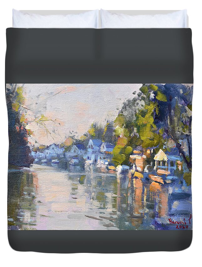 Sunlight Duvet Cover featuring the painting Sunlight at the Canal by Ylli Haruni