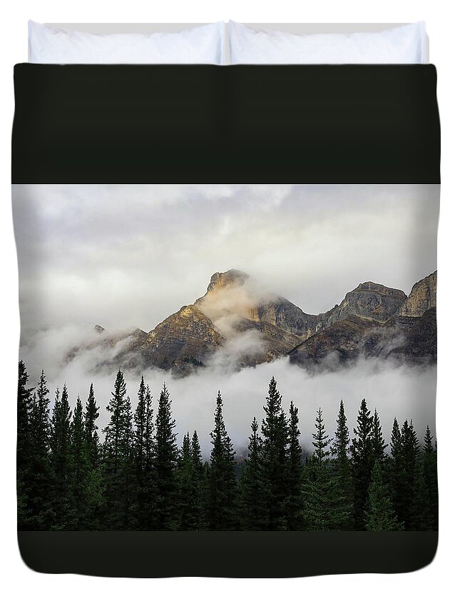 Sunlit Mountain Peak Canadian Rockies Duvet Cover featuring the photograph Sunlit Mountain Peak Canadian Rockies by Dan Sproul