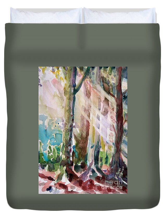 Sunlit Trees Duvet Cover featuring the painting Sunlit Trees by James McCormack