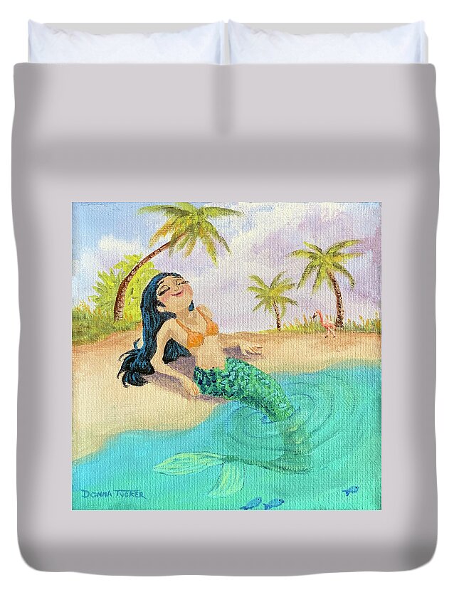 Fantasy Art Duvet Cover featuring the painting Sunning Mermaid by Donna Tucker