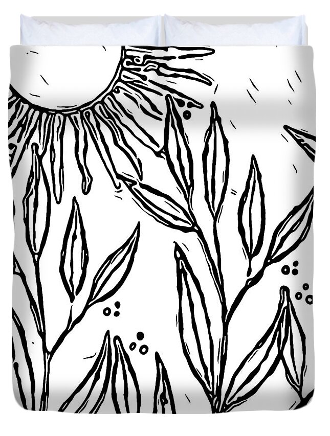 Sketching Duvet Cover featuring the digital art Sunny Day minimalistic garden sketch by Bonnie Bruno