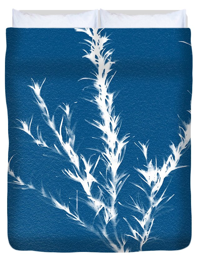 Blue Duvet Cover featuring the painting Sunprinted Herbs in Indigo - Rosemary - Art by Jen Montgomery by Jen Montgomery