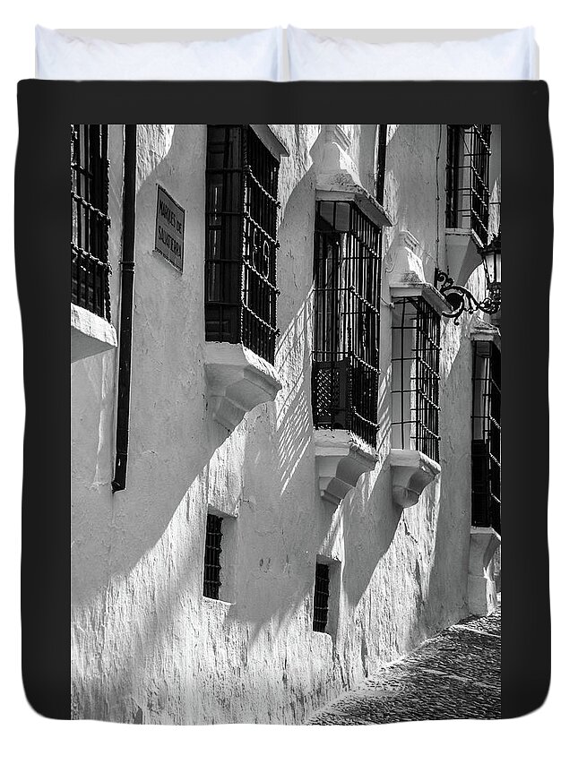 Black And White Duvet Cover featuring the photograph Sunrays on Windows by Naomi Maya