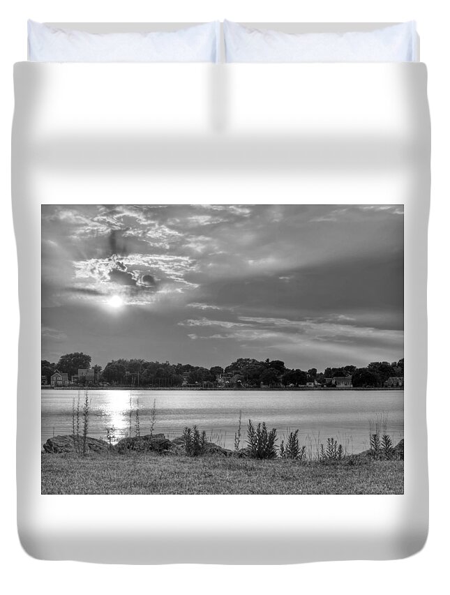 Salem Duvet Cover featuring the photograph Sunrays over Collins Cove Black and White by Toby McGuire