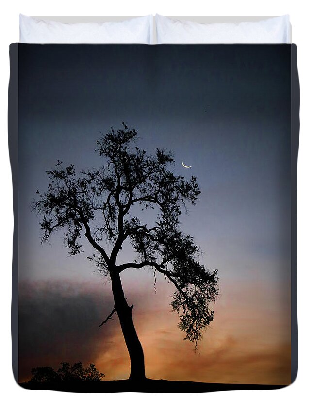 Moon Duvet Cover featuring the photograph Sunrise and Crescent Moon by Stephanie Laird