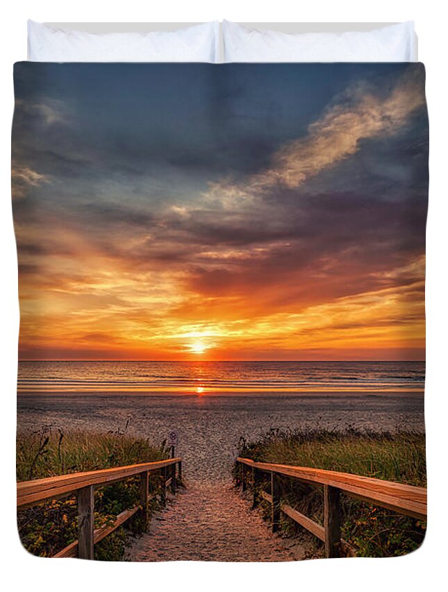 Sunrise Duvet Cover featuring the photograph Sunrise at Footbridge Beach by Penny Polakoff