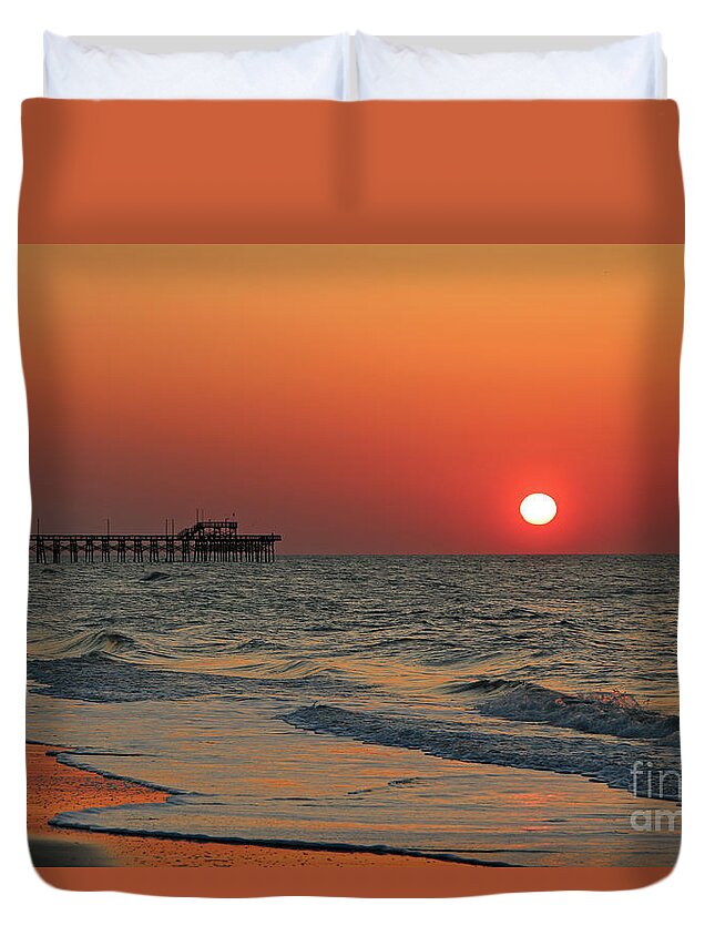 Seaview Duvet Cover featuring the photograph Sunrise at Seaview Pier North Topsail Island 1280 by Jack Schultz