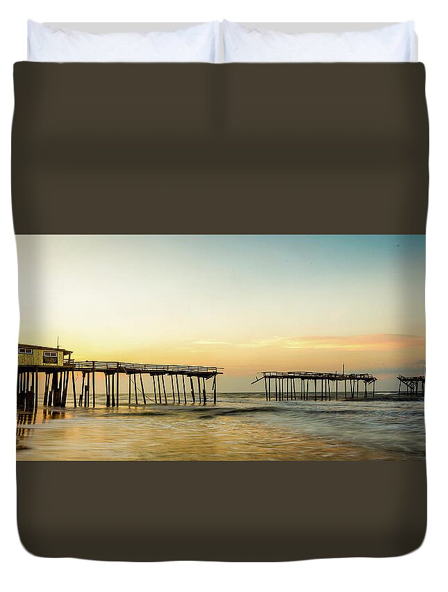 Obx Duvet Cover featuring the photograph Sunrise at the Frisco Pier by Nick Noble