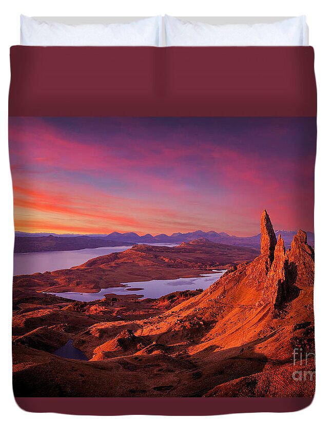 Scotland Duvet Cover featuring the photograph Sunrise at the Old Man of Storr, Isle of Skye, Scottish Highlands, Scotland by Neale And Judith Clark