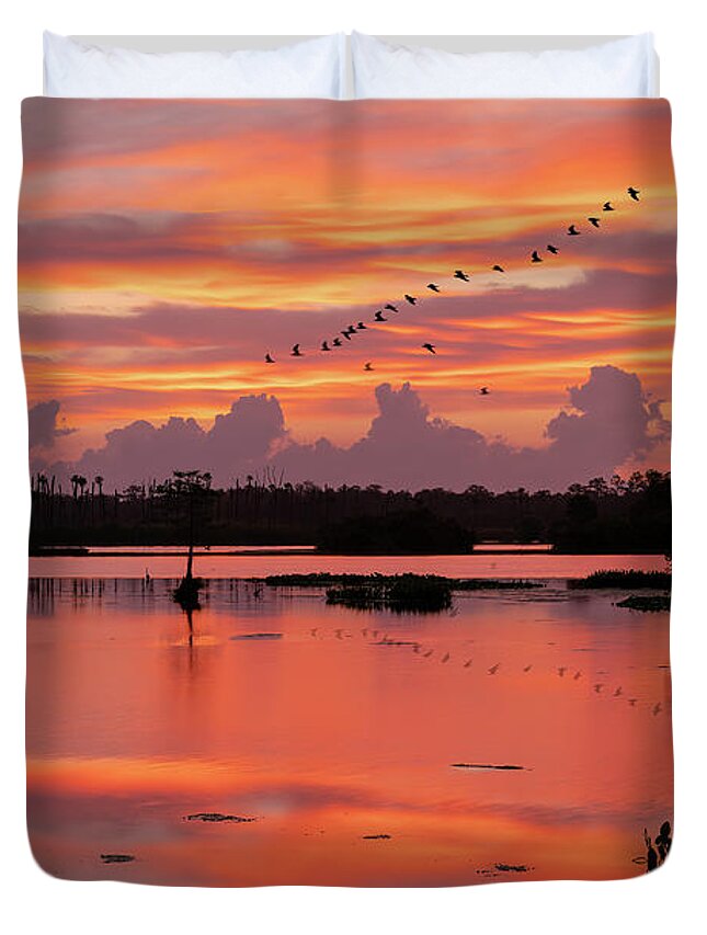 Christmas Duvet Cover featuring the digital art Sunrise at the Wetlands by Kevin McClish