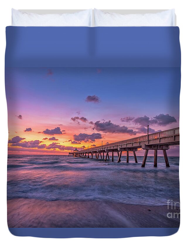 Deerfield Beach Pier Duvet Cover featuring the photograph Sunrise Deerfield Colors by Chris Spencer