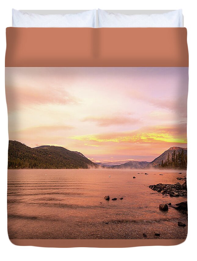 Outdoor; Sunrise; Colors; Lake; Lake Wenatchee; Fall; Colors; Glacier; Leavenworth; Camping; Lake Wenatchee State Park Duvet Cover featuring the digital art Sunrise in Lake Wenatchee by Michael Lee