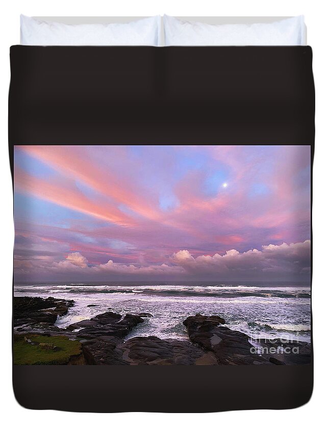 Oregon Coast Duvet Cover featuring the photograph Sunrise, Moonset by Jeanette French
