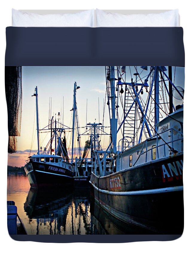 Color Duvet Cover featuring the photograph Sunrise on Shrimpers by Alan Hausenflock
