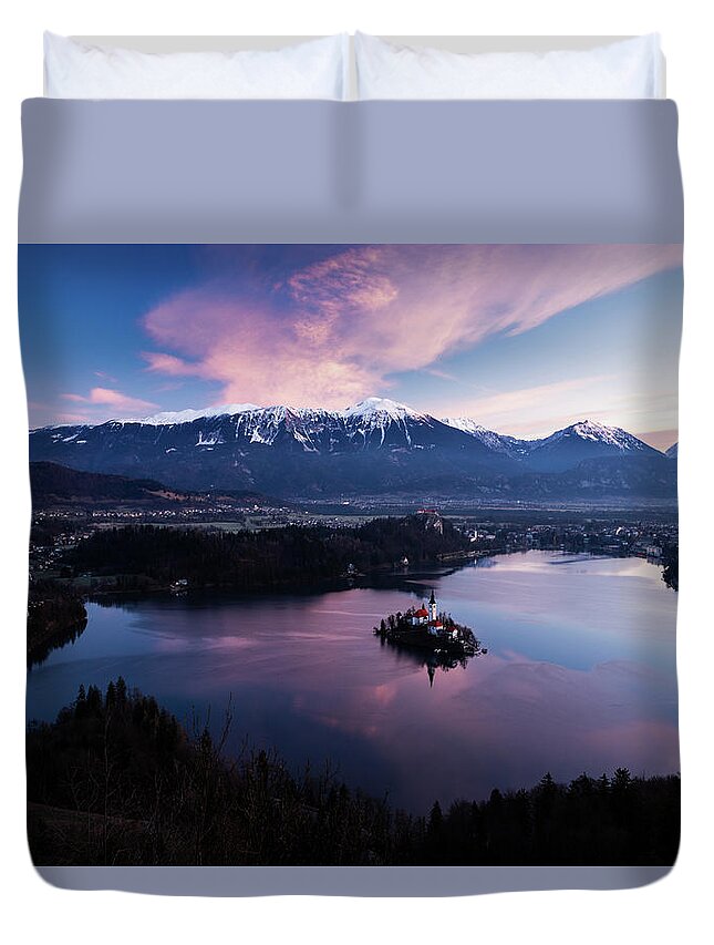 Bled Duvet Cover featuring the photograph Sunrise over Lake Bled from Mala Osojnica by Ian Middleton