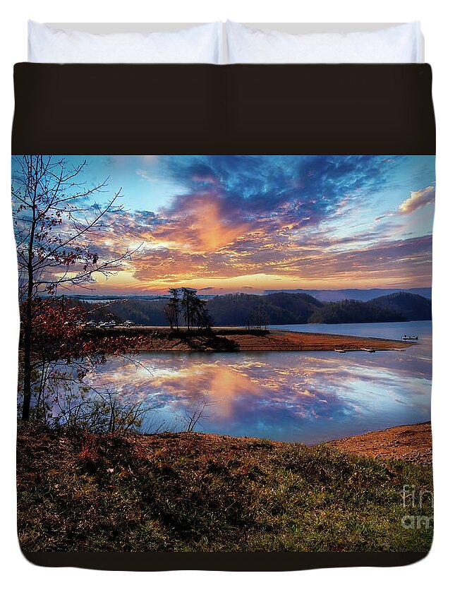 Reflection Duvet Cover featuring the photograph Sunrise over South Holston by Shelia Hunt