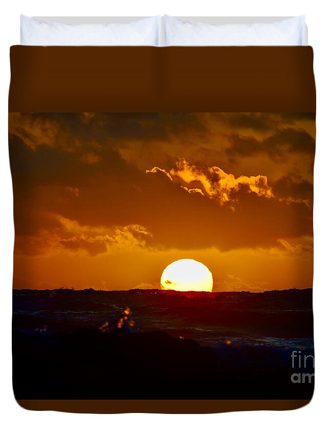 Sunrise Duvet Cover featuring the photograph Sunrise Red Ocean Waves Hawaii by Debra Banks