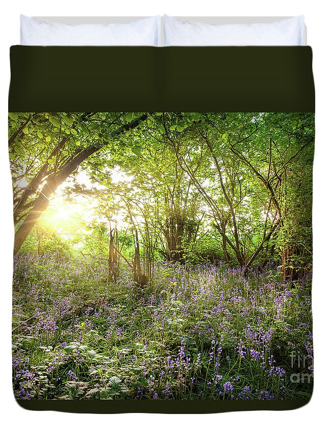 Bluebells Duvet Cover featuring the photograph Sunrise streaming through bluebell wood in spring by Simon Bratt