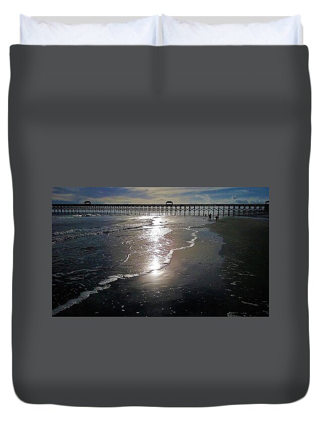  Ocean Sunsets Duvet Cover featuring the photograph Pier Sunset @ Folly Beach by Victor Thomason