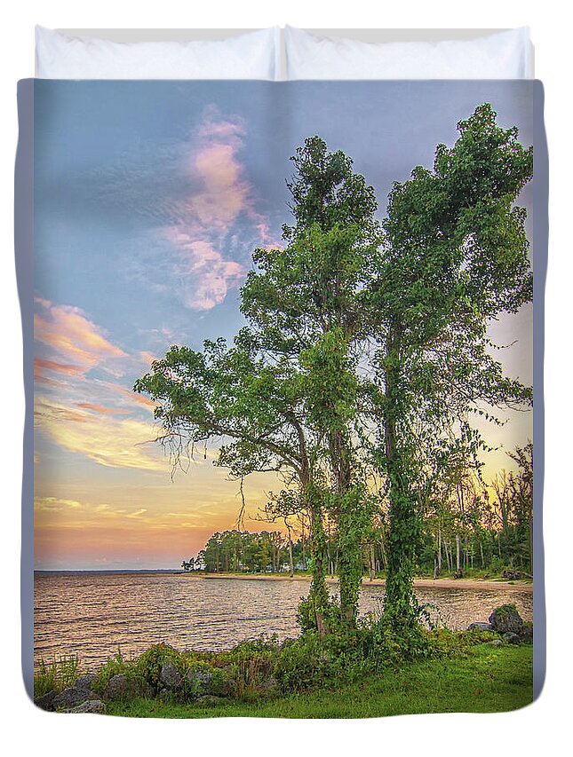 Sunset Duvet Cover featuring the photograph Sunset Along the Neuse River - Oriental North Carolina by Bob Decker