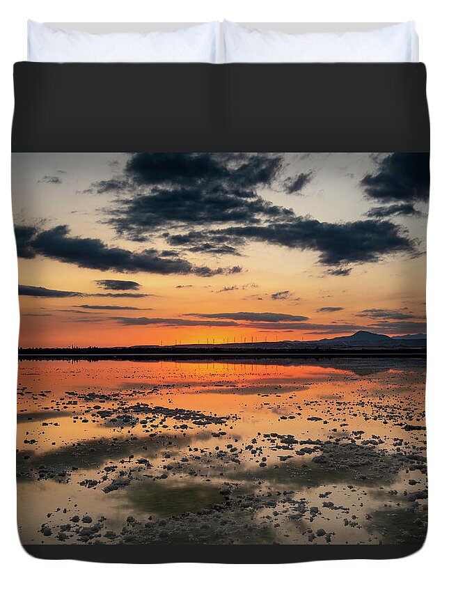 Sunset Duvet Cover featuring the photograph Sunset and reflections at the lake by Michalakis Ppalis